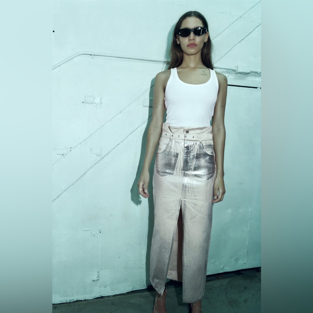 NWT Zara Metallic ZW Midi Belted Skirt Bloggers Fav Size L Large